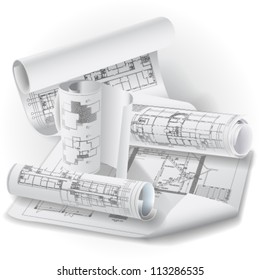 Architectural background with rolls of drawings. Vector clip-art
