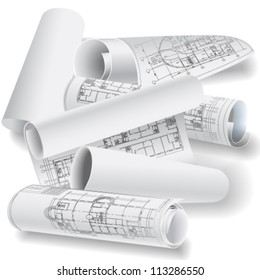 Architectural background with rolls of drawings. Vector clip-art