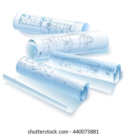 Architectural background with rolls of drawings. Vector clip-art