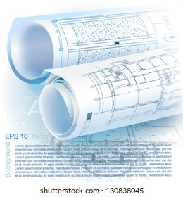 Architectural background with rolls of drawings for your business site. Vector clip-art