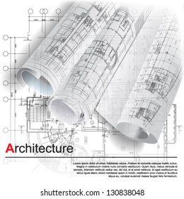 Architectural background with rolls of drawings for your business site. Vector clip-art