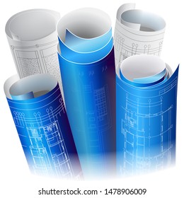 Architectural background with rolls of drawings for your business site