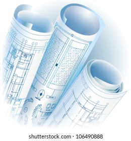 Architectural background with rolls of technical drawings. Vector clip-art