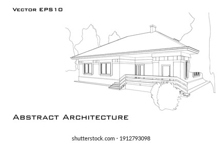 Fondo arquitectónico con bosquejo de la casa. Vista panorámica de la cabaña. Ilustración vectorial en blanco y negro.