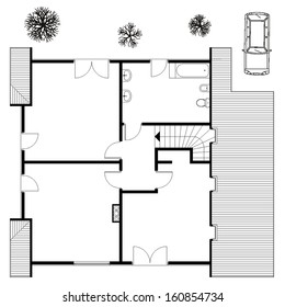 architectural background. vector blueprint with trees 