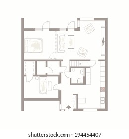 Architectural background. Vector drawing of building plan with furniture on white background 