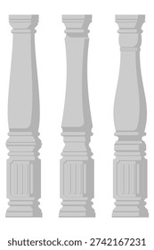 Architectural Baluster Column Vector Set for Staircase Design. Three grey concrete railing pillar illustrations in flat minimalist style isolated on white background for construction and renovation.