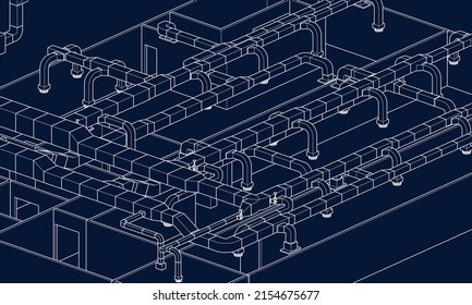 Architectural BIM air duct design 3d illustration blueprint