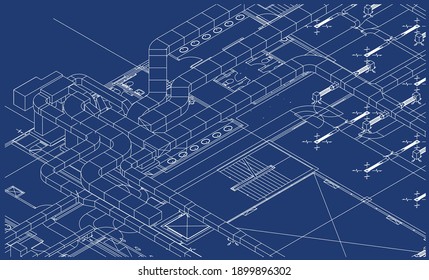 Architectural BIM Air Ducts Design 3d Illustration Blueprint 