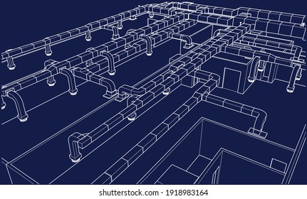 Architectural BIM air ducts design 3d illustration blueprint vector