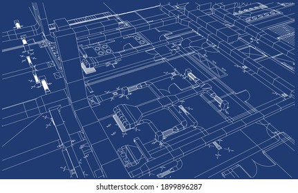 Architectural BIM ventilation design 3d illustration blueprint 