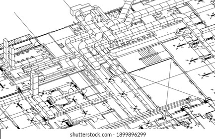 Architectural Wireframe Bim Design 3d Illustration Stock Vector ...