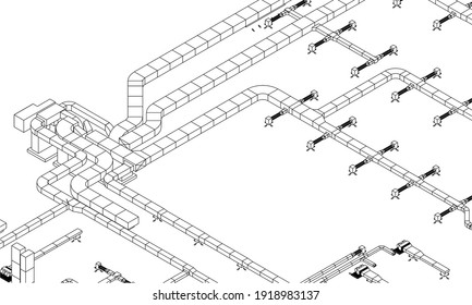 Architectural BIM ventilation ducts design vector 3d illustration