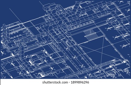 Architectural BIM ventilation system design 3d illustration blueprint 