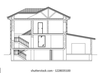 Architectural black and white background. Cross-section suburban house. Vector blueprint.