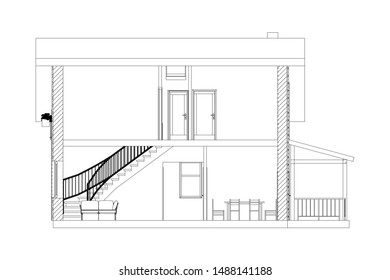 Architectural black and white background. Cross-section suburban house. Modern vector blueprint.