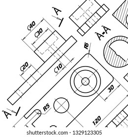 Architectural blueprint. Abstract technical design. Mechanics blueprints. Detailed plan. Technical drawing background. Graphic design elements. Mechanical engineering drawings. Vector Illustration 