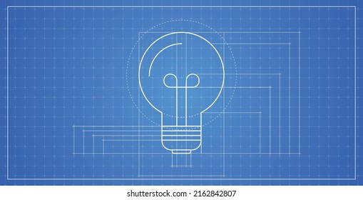 Architectural blueprint and bulb horizontal technical drawing flat illustration.