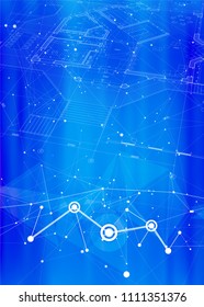 architectural blueprint for the concept of a smart house - the architectural plan of the house on a bright blue technological background with a digital wave or network & futuristic interface elements