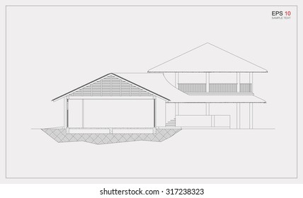 Architectural blueprint drawing of house section. Vector 3D wireframe of a building.