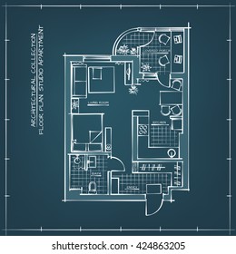 Architectural Blueprint Floor Plan. Studio Apartment. Technical Hand Drawn Illustration