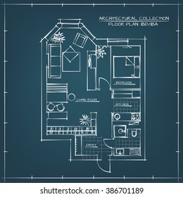 Architectural Blueprint Floor Plan.Studio Apartment With One Bedroom