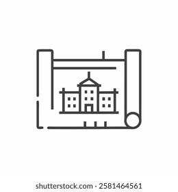 Architectural blueprint illustration showcasing the design of a classic building with intricate details and flat line style