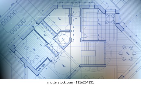 architectural blueprint - the architectural plan of a modern residential building with the layout of the interiors of different rooms, elements of furniture & equipment on a  technological background