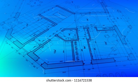 architectural blueprint - the architectural plan of a modern residential building with the layout of the interiors of different rooms, elements of furniture & equipment on a  technological background