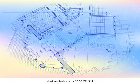 architectural blueprint - the architectural plan of a modern residential building with the layout of the interiors of different rooms, elements of furniture & equipment on a  technological background