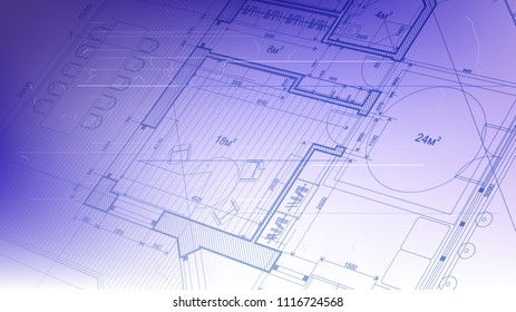 architectural blueprint - the architectural plan of a modern residential building with the layout of the interiors of different rooms, elements of furniture & equipment on a  technological background