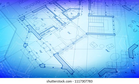 architectural blueprint - the architectural plan of a modern residential building with the layout of the interiors of different rooms, elements of furniture & equipment on a  technological background