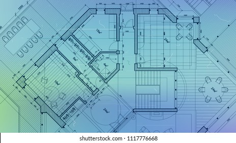 architectural blueprint - the architectural plan of a modern residential building with the layout of the interiors of different rooms, elements of furniture & equipment on a  technological background