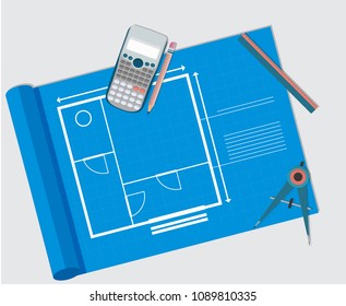 Architectural blueprints and drawing tools. Workplace of architect. Draft plan of building house.