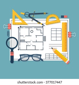 Architectural blueprints and drawing tools. Workplace of architect. Draft plan of building house. Vector, flat. Drawing, ruler, compass, protractor, magnifying glass, violin.