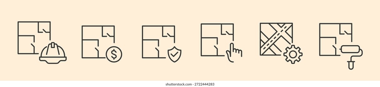Arquitetural Blueprints and Floor Plan Maintenance Icon Set, Minimalist Line Art Vetor for Home Design Planning, Verified Building Safety, Construction Budgeting, e Interior Renovation Symbols.