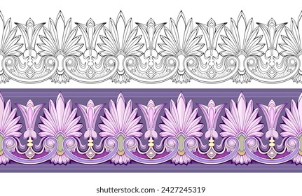 Architectural border ornament. Classical decor of the late Empire style in France with lotus motifs. Seamless pattern. Luxury floral design. Decoration for fabric, embroidery, wallpaper. Vector image