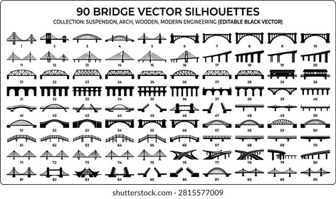 Architectural bridge vector silhouettes big bundle featuring suspension arch drawbridge modern engineering and traditional wooden overpass structures set