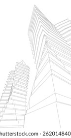 Architekturgebäude 3D-Zeichnung auf weißem Hintergrund