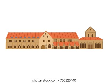 Architectural building. Countries of the world, architecture, monuments, landmark. Medieval historical monastery complex Maulbronn in the south-west of Germany. Vector illustration.