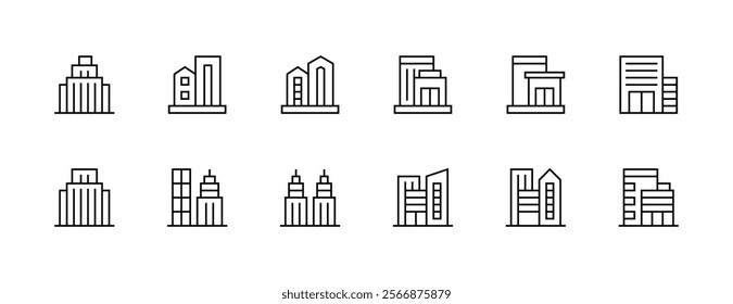 Architectural building icon collection. Modern building, skyscrapers, city building, residence, cityscape, skyline and more. Editable stroke. Pixel Perfect. Grid base 32px.