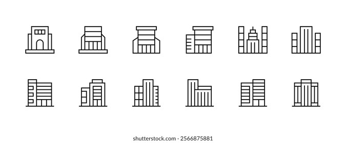 Architectural building icon collection. Modern building, skyscrapers, city building, residence, cityscape, skyline and more. Editable stroke. Pixel Perfect. Grid base 32px.