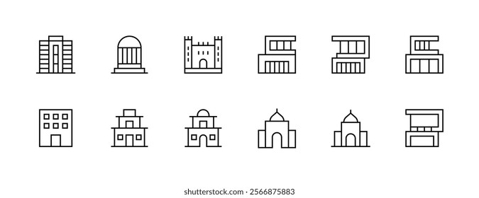 Architectural building icon collection. Modern building, skyscrapers, city building, residence, cityscape, skyline and more. Editable stroke. Pixel Perfect. Grid base 32px.