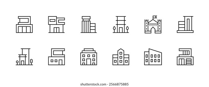 Architectural building icon collection. Modern building, skyscrapers, city building, residence, cityscape, skyline and more. Editable stroke. Pixel Perfect. Grid base 32px.