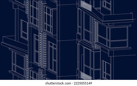 Architectural building façade isometric 3D Line sketch illustration blueprint