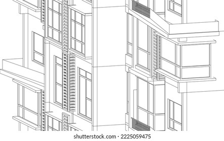 Architectural building façade isometric 3D Line sketch illustration