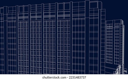 Perspectiva del edificio arquitectónico Ilustración de esbozo 3D eps10 plano