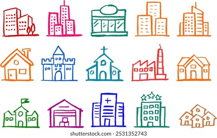 Architectural Building Related Icon Crayon Chalk Drawing Vector Set