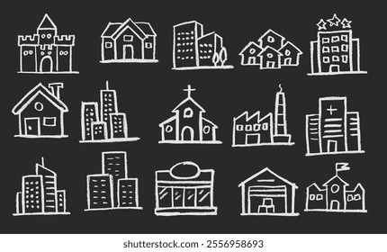 Architectural Building Related Icon Crayon Chalk Drawing Vector Set Chalkboard