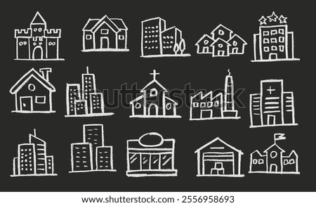 Architectural Building Related Icon Crayon Chalk Drawing Vector Set Chalkboard